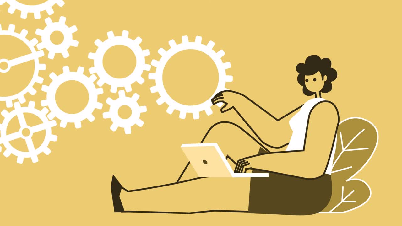 노란색 스타일의 남자와 여자 평평한 캐릭터는 컴퓨터와 함께 온라인에서 일합니다. 비즈니스 팀워크 개념 루프 애니메이션