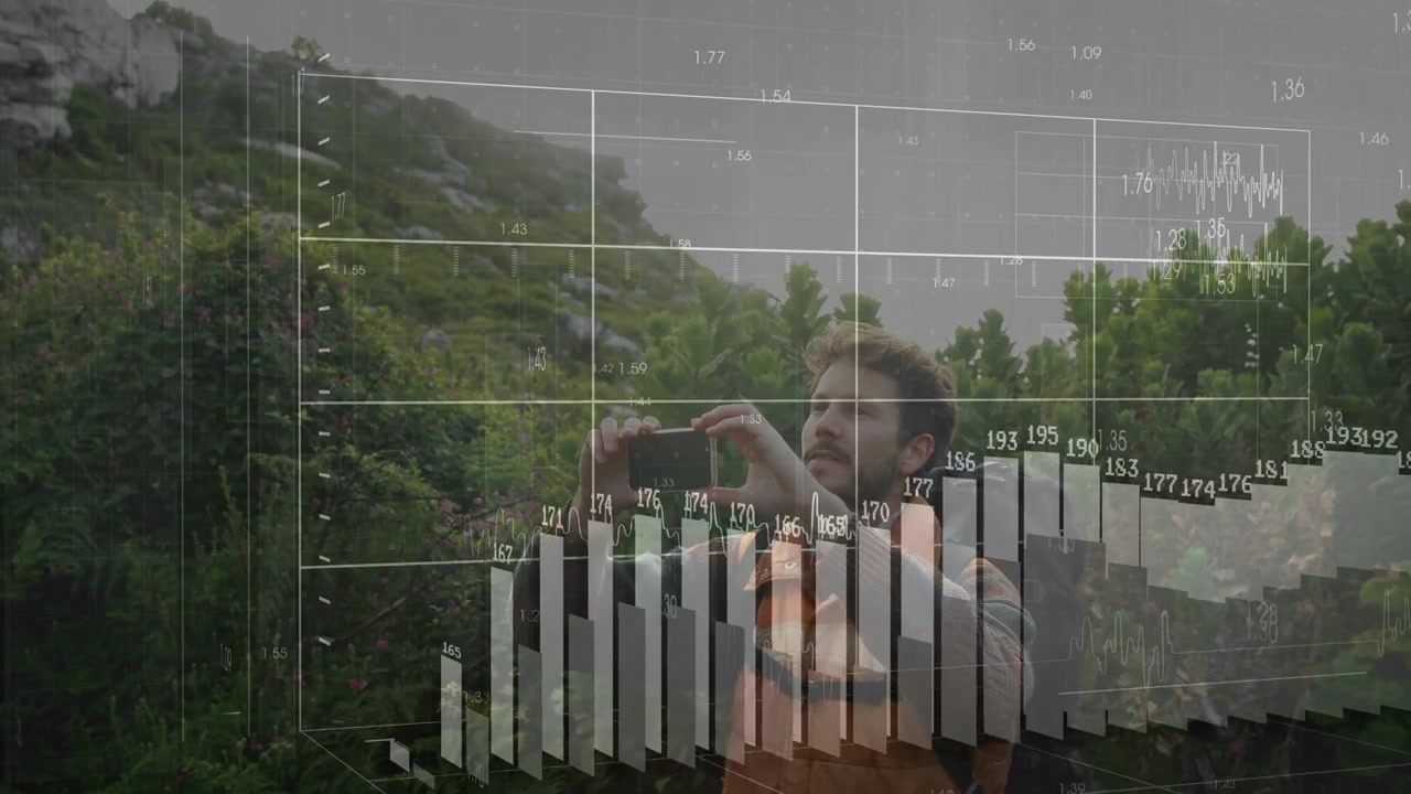 Vertical video: Male hiker seeing AR grid and bars, raising phone and capturing slope for tech data