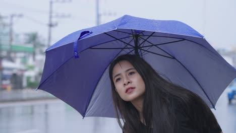 young asian woman holding blue umbrella standing alone on the street side, waving hands calling or hitchhiking waiting for taxi or public transport service to pick up, girl with expectation