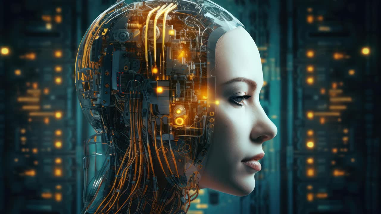 Futuristic video concept with a side profile of a cyborg woman