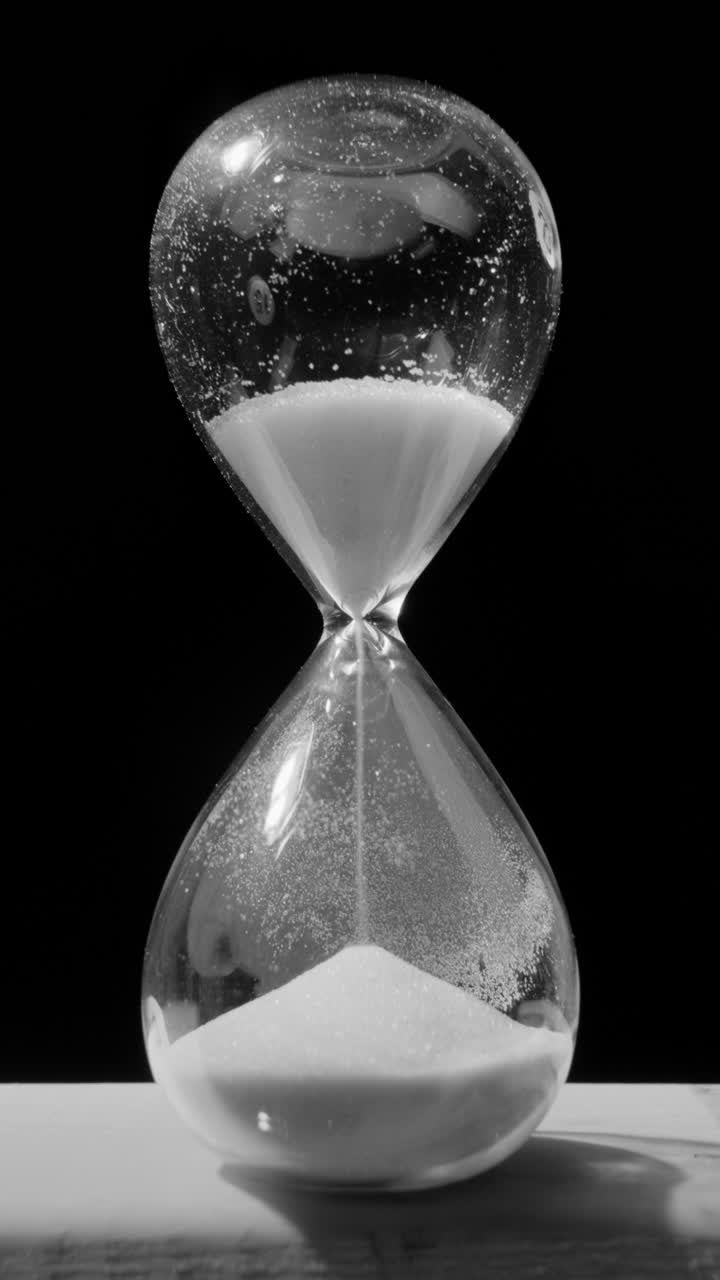 colpo verticale desaturato di sabbia che cade attraverso il collo della bottiglia della clessidra