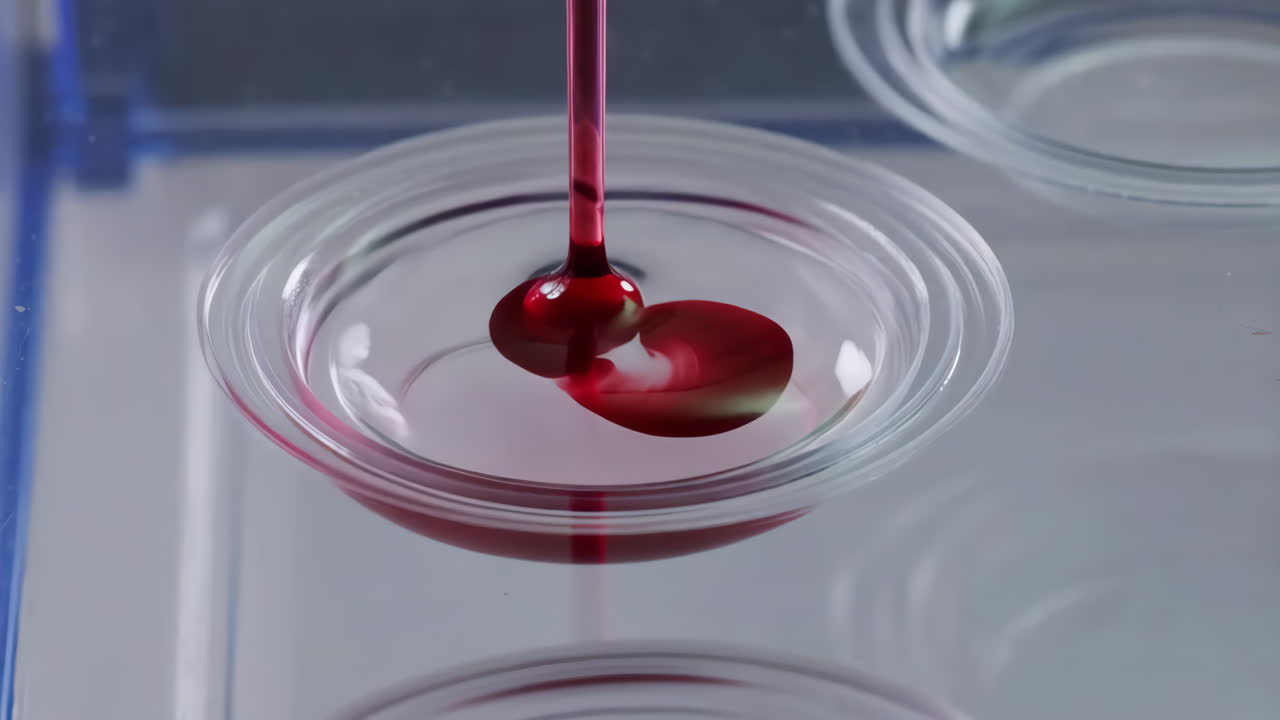 Red liquid dispensing into a clear container in a laboratory