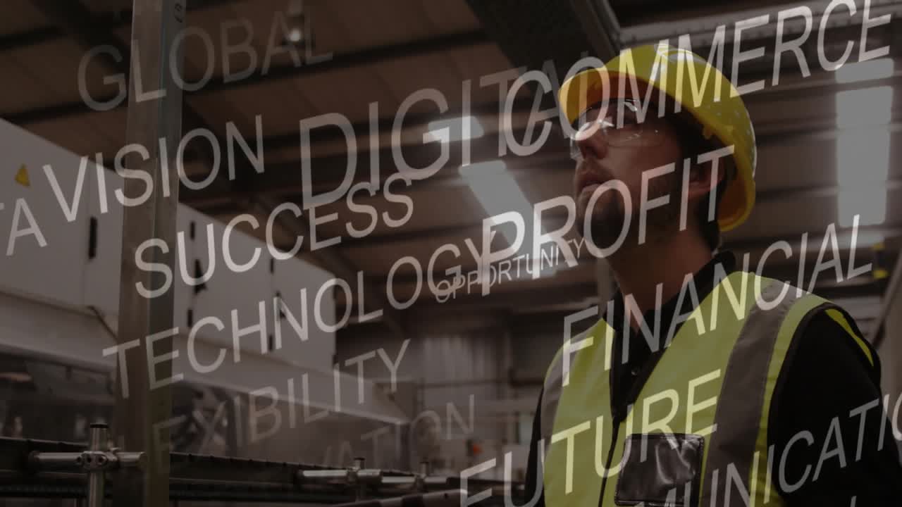Factory technician monitoring line scrolling tablet swiping rack showing planning, profit words