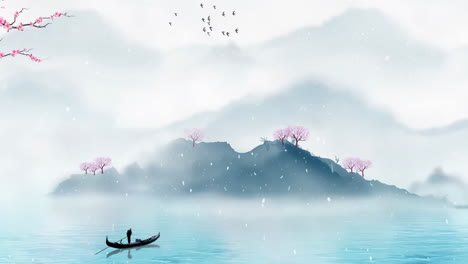 Daytime-ancient-traditional-Chinese-Japanese-blue-ink-landscape-Painting-of-beautiful-calm-trees,-mountains,-flowers,-lake,-water,-birds,-blue-sky,-boat,-cherry-blossoms-season