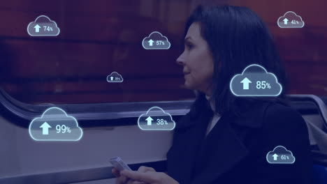 animación de iconos de nubes sobre una mujer caucásica usando un teléfono inteligente