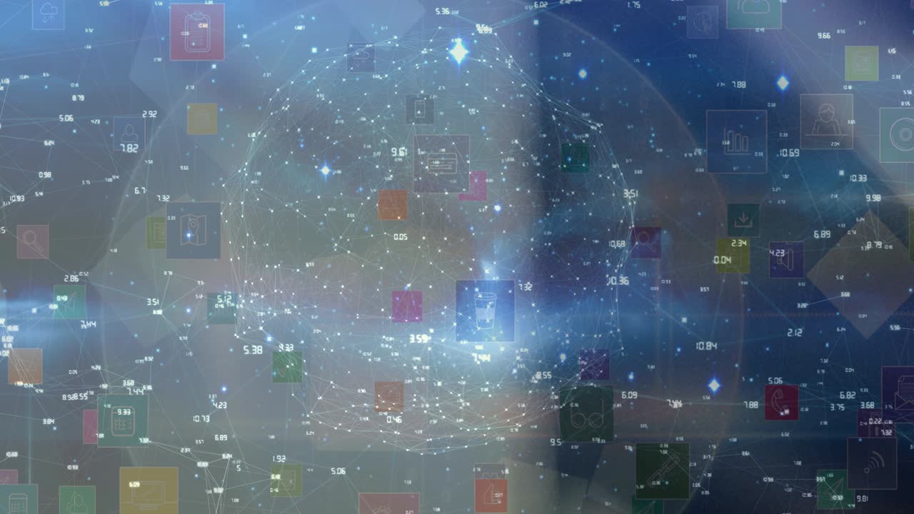 흐릿한 배경 위에 디지털 아이콘이 있는 지구의 애니메이션