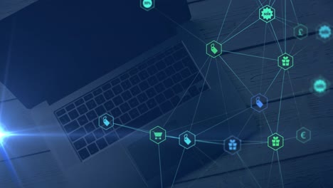 Blaulichtspur-Und-Netzwerk-Digitaler-Symbole-Vor-Laptop-Auf-Holztisch