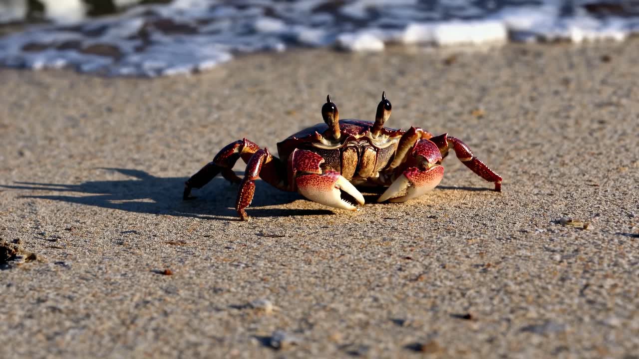 Close-up video of a crab on a sandy beach, captured from a low angle