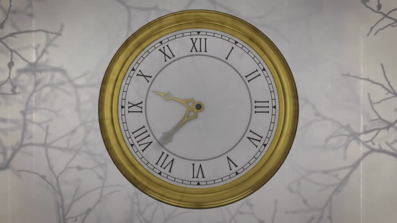 animación digital de reloj de tic-tac sobre ramas de árboles espeluznantes contra un fondo gris
