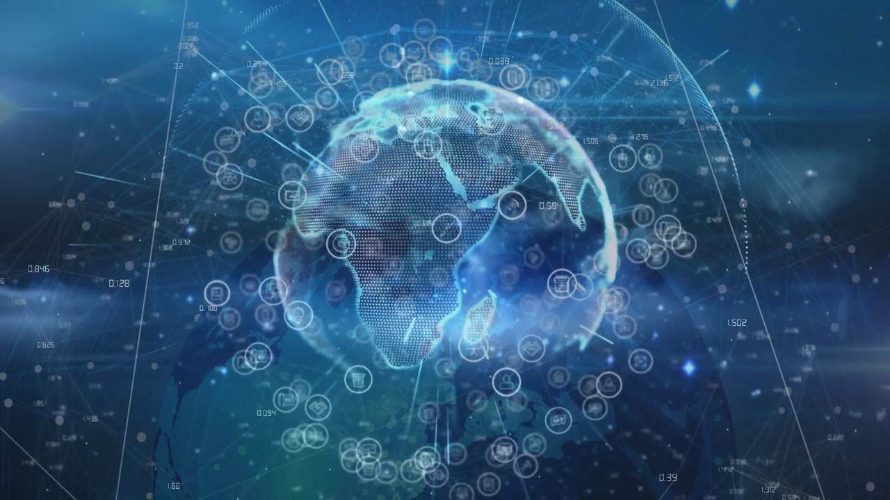 Glow initiating holographic Earth forming and rotating with icons pulsing for visualizing network