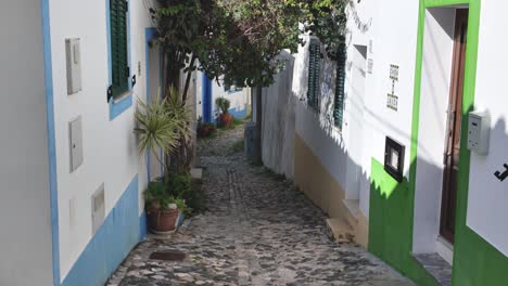 picturesque narrow cobblestone street with white and colorful houses climbing in ferragudo, portugal. tilt up