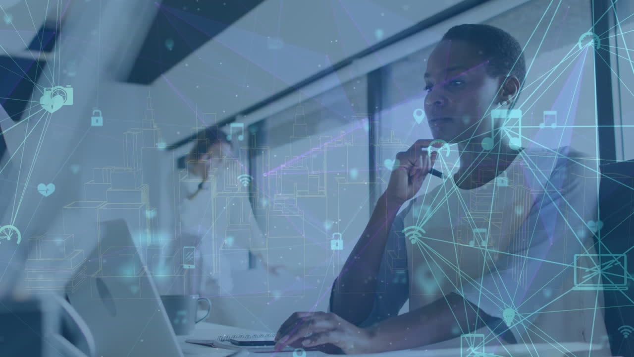 Animation of data processing over diverse business people in office