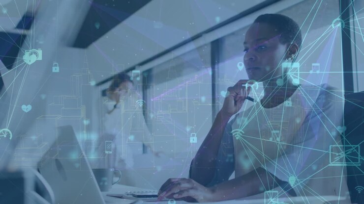 Animation of data processing over diverse business people in office