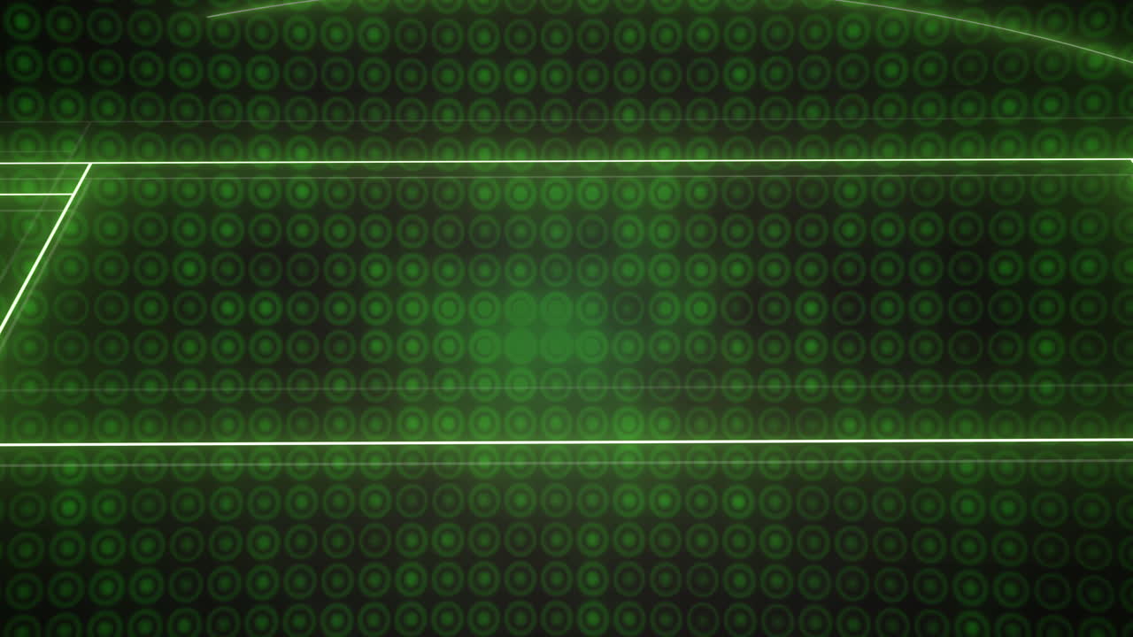 Animation of green neon sports stadium over circles in row on black background