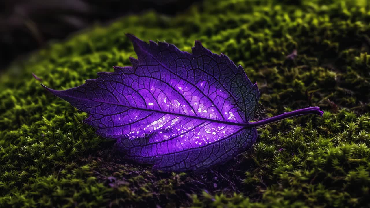 A Purple Leaf on Moss with Water Droplets