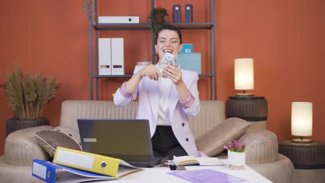 home office worker young woman counting money funny and funny.