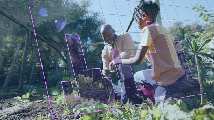 Senior man showing seed, boy leaning in, both learning gardening and planting, purple grid tracking