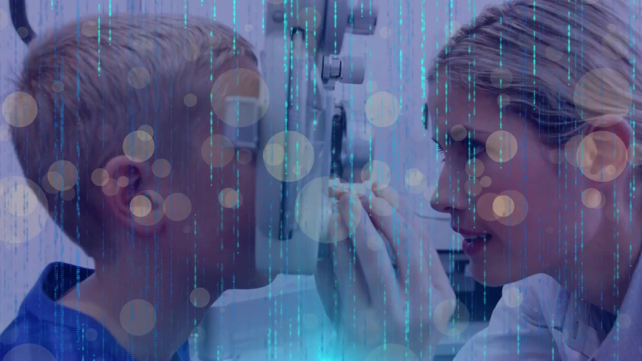 Animation of data processing over caucasian female eye doctor checking boy sight