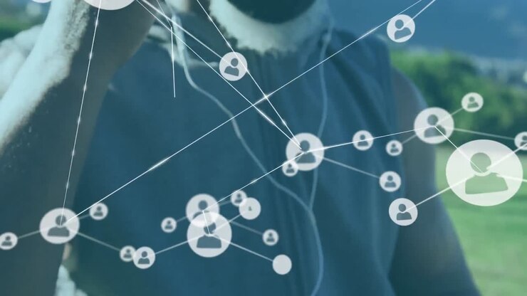 Animazione di una rete di connessioni su un uomo anziano afroamericano che usa lo smartphone