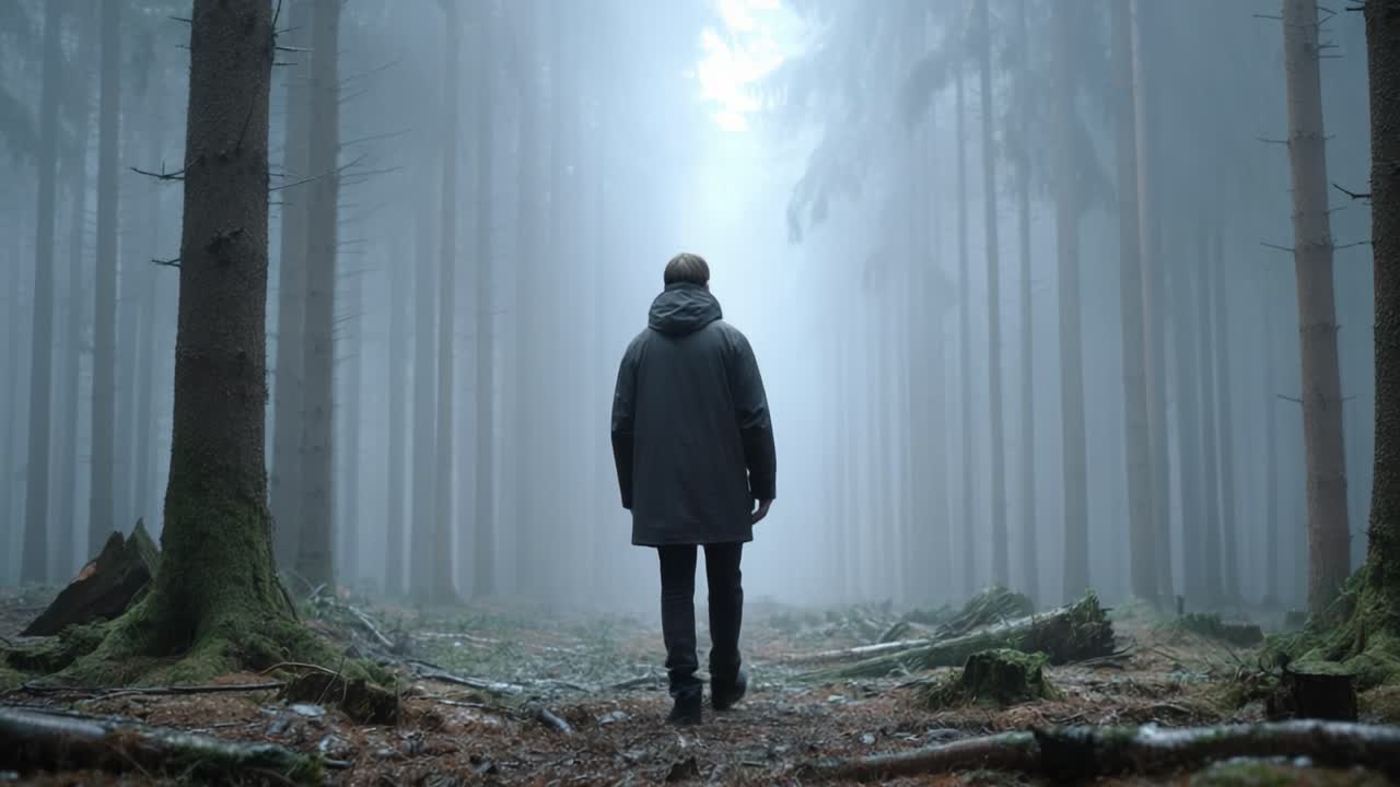 A solitary figure stands in a misty forest, surrounded by towering trees, creating an atmosphere of mystery and introspection as light filters through the fog