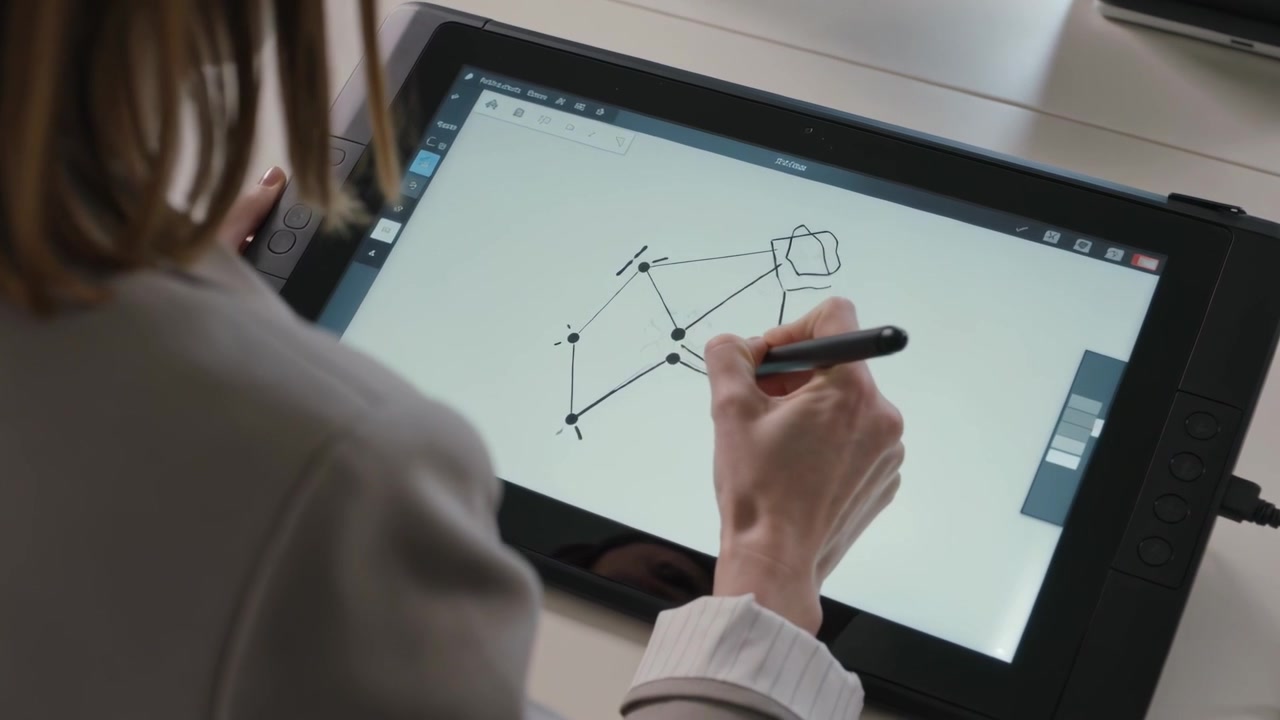 Placing stylus, woman in light blazer building node network on pen tablet, using express dial