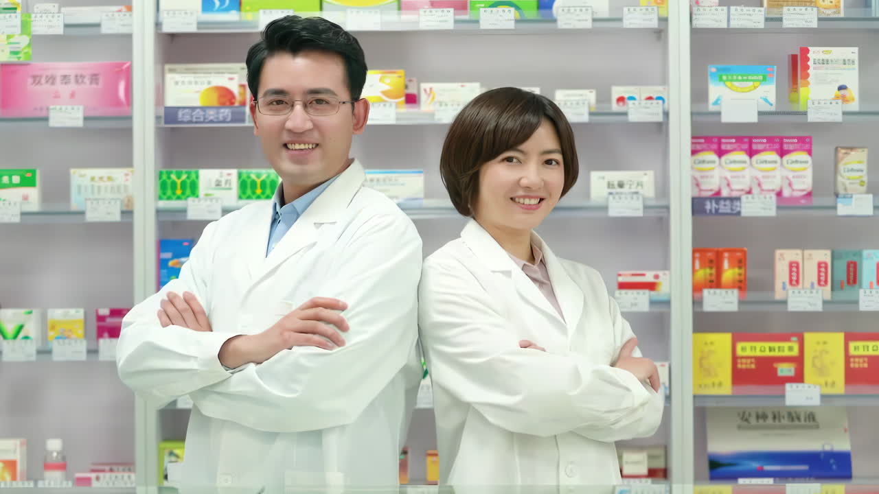 환자에게 조언하거나 약을 판매할 준비가 된 쾌활하고 친절한 약사, 병원이나 클리닉의 약국에서 일하는 약국 앞에 서서 웃는