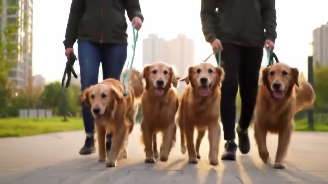 People walking four golden retrievers on a city path