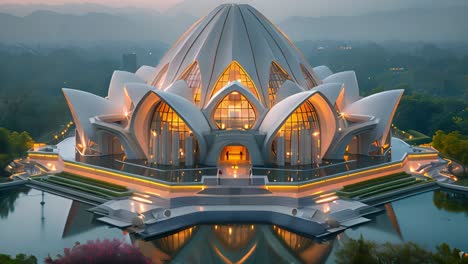 stunning lotus temple illuminated at dusk