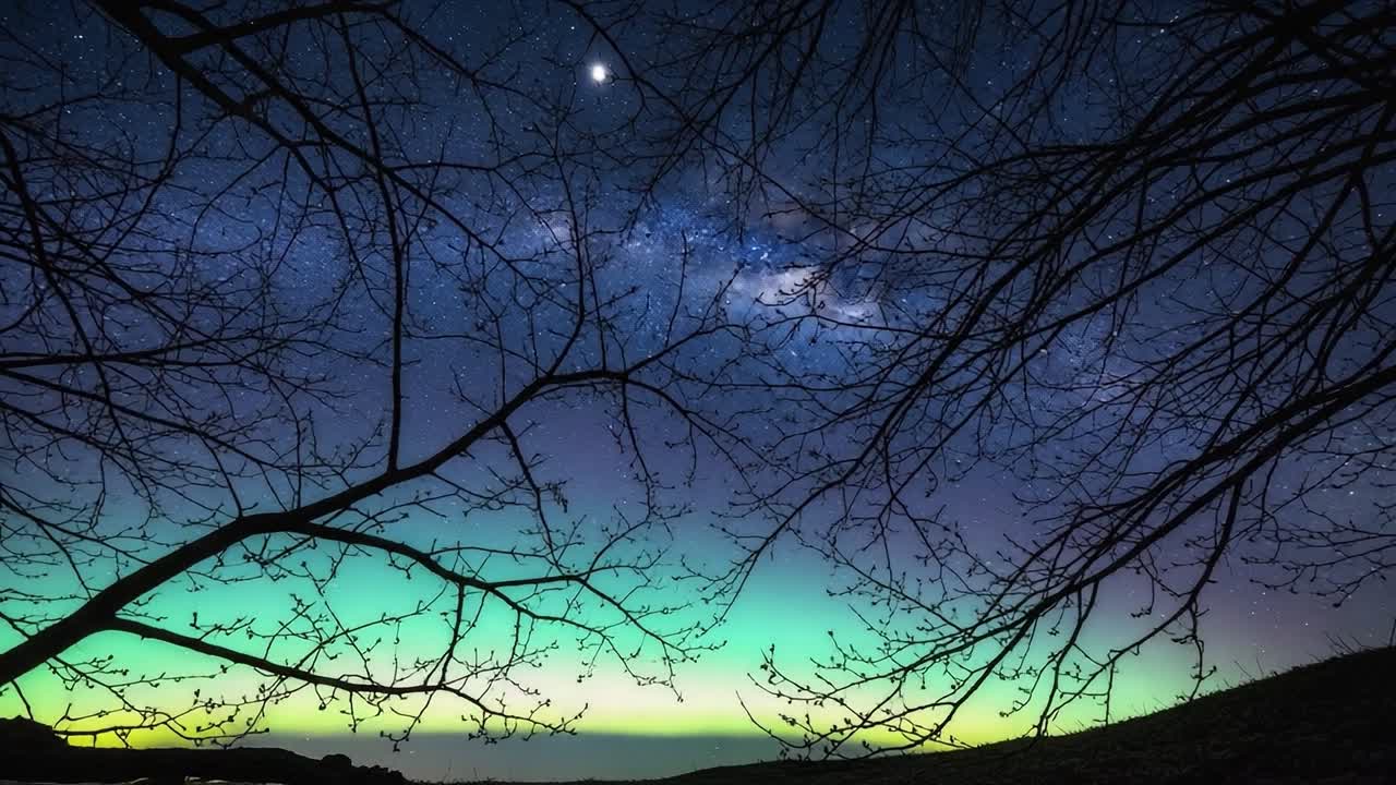 Mesmerizing Night Sky: A Stunning Display of Stars and Gentle Hues Illuminating the Landscape, Framed by Leafless Branches Against a Celestial Canvas