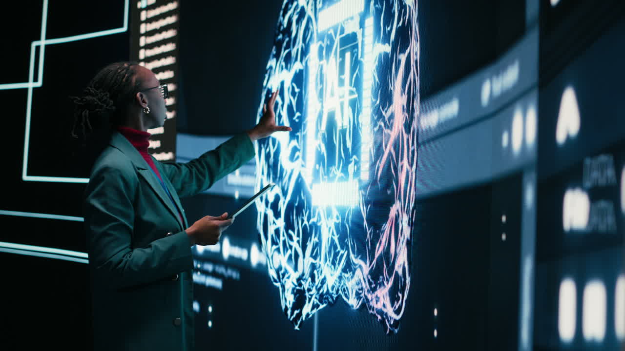 Woman Interacting with Large Digital AI Brain Display