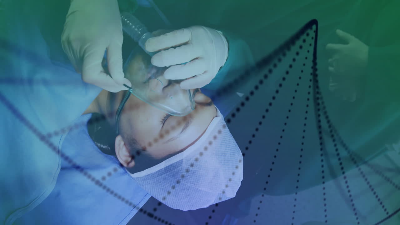 Medical professional adjusting oxygen mask over patient on surgical drape with health data overlay