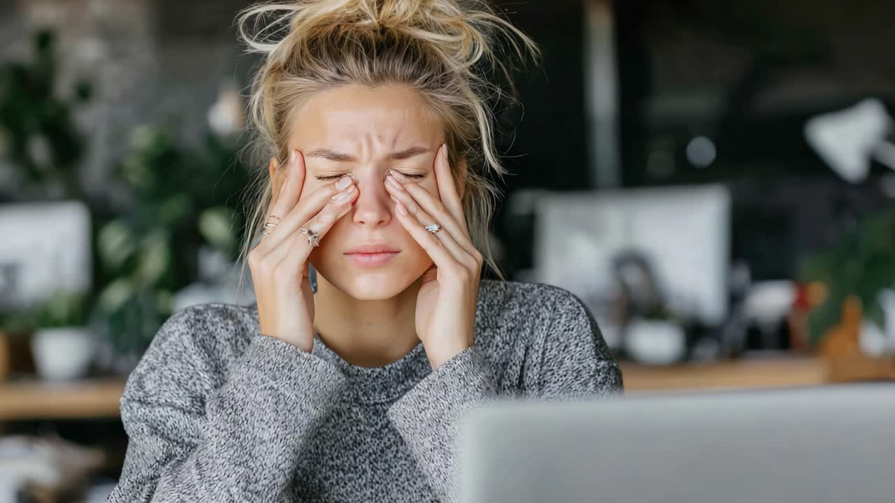 A Young Woman Shows Signs of Stress and Fatigue While Working at a Computer, Rubbing Her Eyes and Displaying Signs of Exhaustion in a Modern Workspace Setting