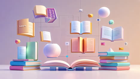 conceptual representation of learning, knowledge, and educational networks with books and geometric shapes