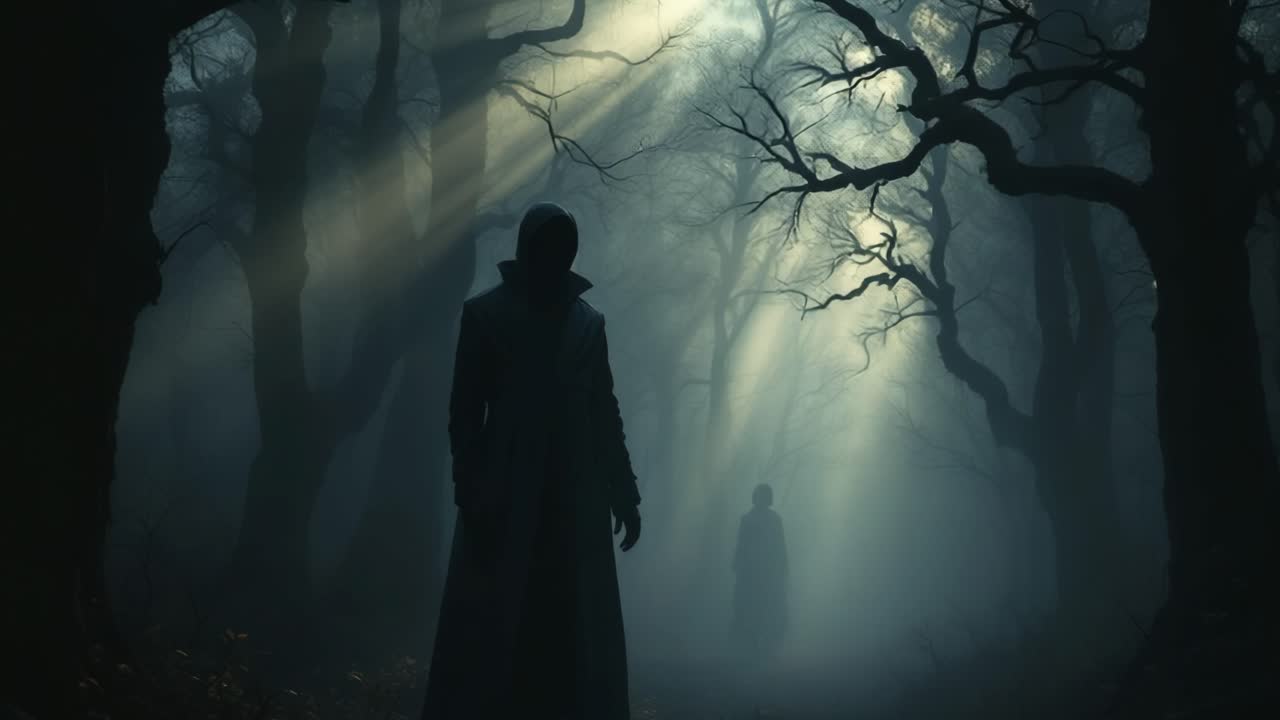 Mysterious Figures in a Misty Dark Forest