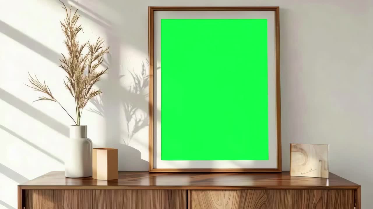 Aesthetic wooden picture frame live mockup animation, transparent 4K video, green screen