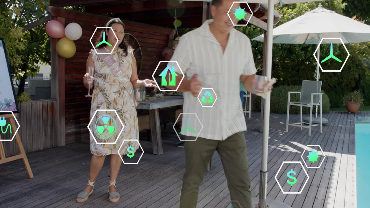 Host holding flute stepping aside as server approaching for milestone event hex overlaying balloons