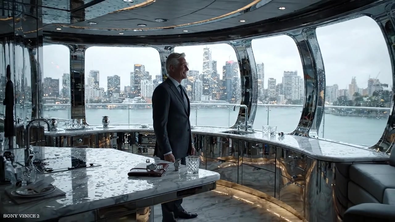 Un Uomo Sofisticato in Abito Formale si Trova in un Lussuoso Interno Moderno, con Vista sullo Skyline della Città Attraverso Grandi Finestre Panoramiche in una Giornata di Pioggia
