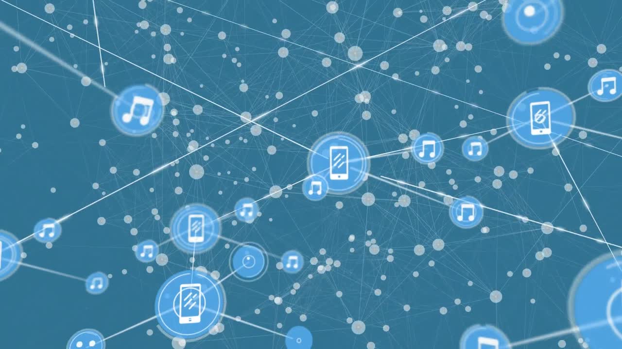 Animation of media icons and network of connections on blue background