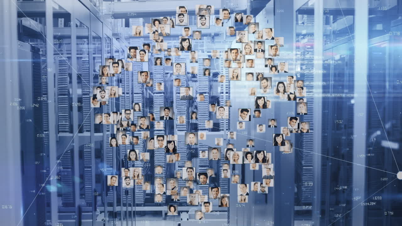 animación de diversos retratos de personas y procesamiento de datos en la sala del servidor