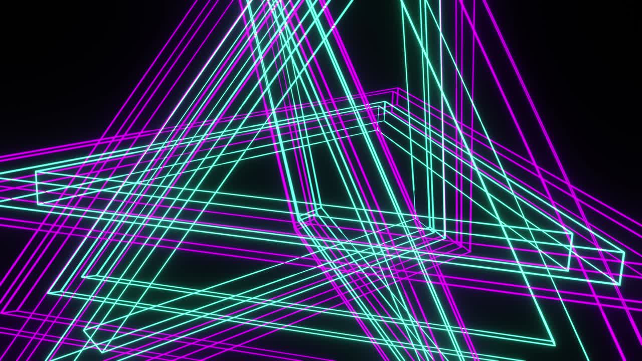 A tunnel of flying neon lines. VJ Loop animation for clips and holiday decorations.