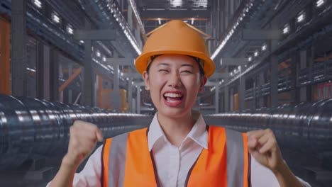 Close Up Of Asian Female Engineer With Safety Helmet Screaming Goal And Dancing Celebrating With Metal Pipes