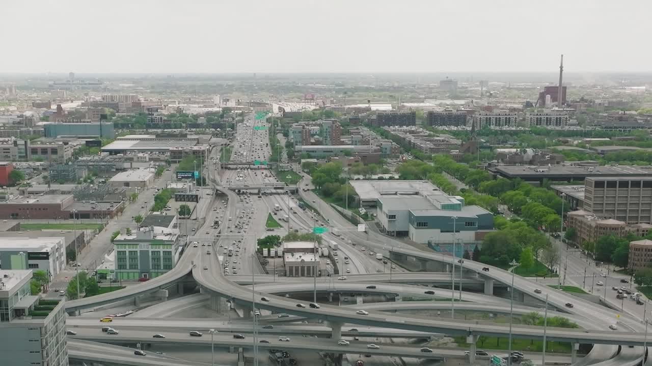 View of Chicago highways and city from above during cloudy weather