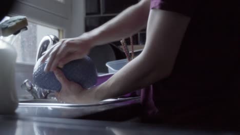 a person washes and cleans a food bowl