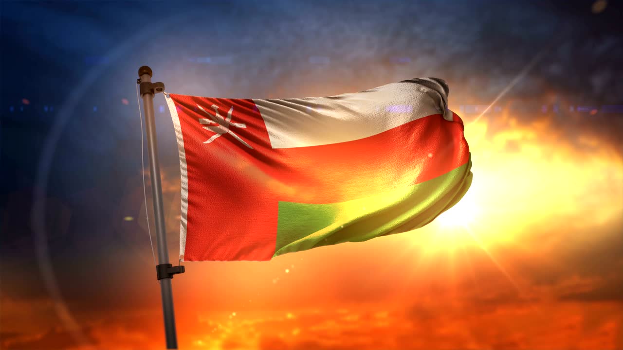 bandera de oman retroiluminada en el hermoso amanecer bucle cámara lenta 4k