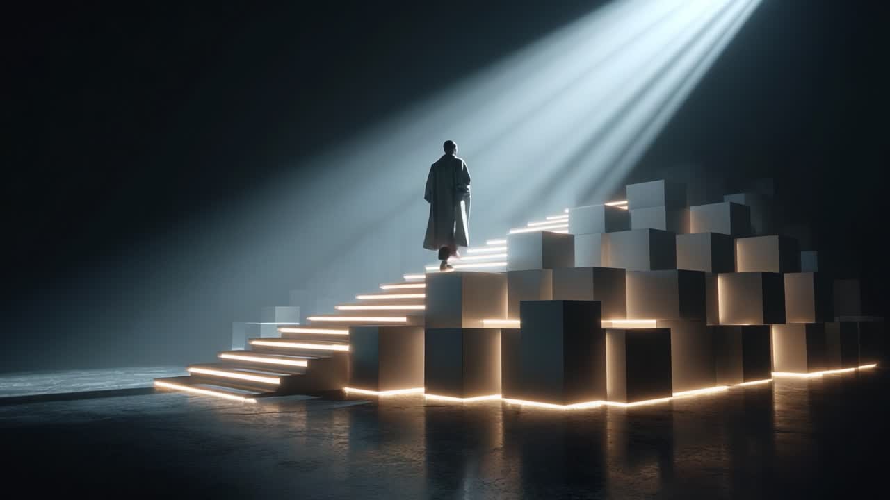 A person climbing illuminated stairs made of cubes