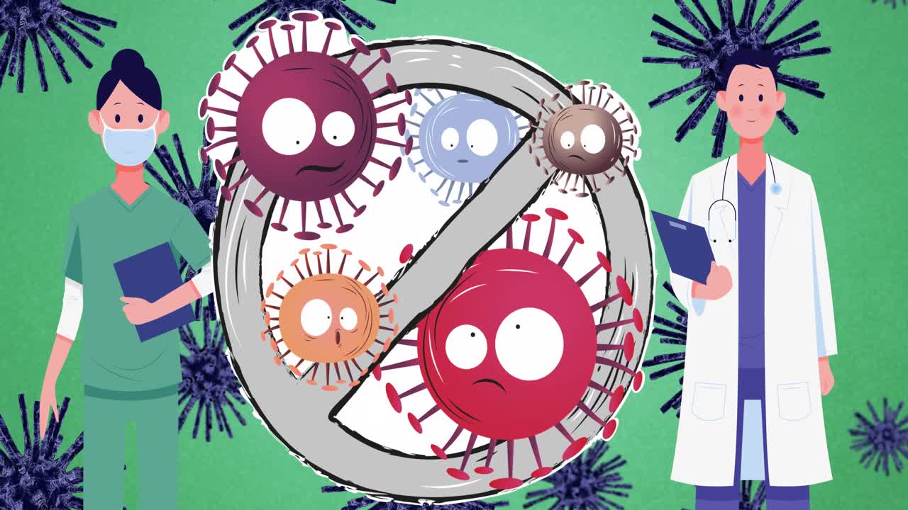 바이러스 세포 위에 얼굴 마스크와 금지 표지판을 입은 사람들의 애니메이션