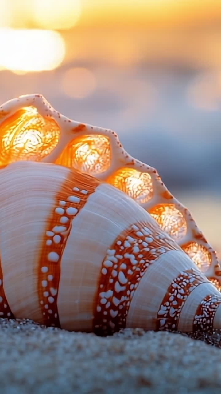 Seashell on sandy beach. A vibrant seashell lies on the sandy shore as waves gently wash nearby at sunset, highlighting its intricate patterns.