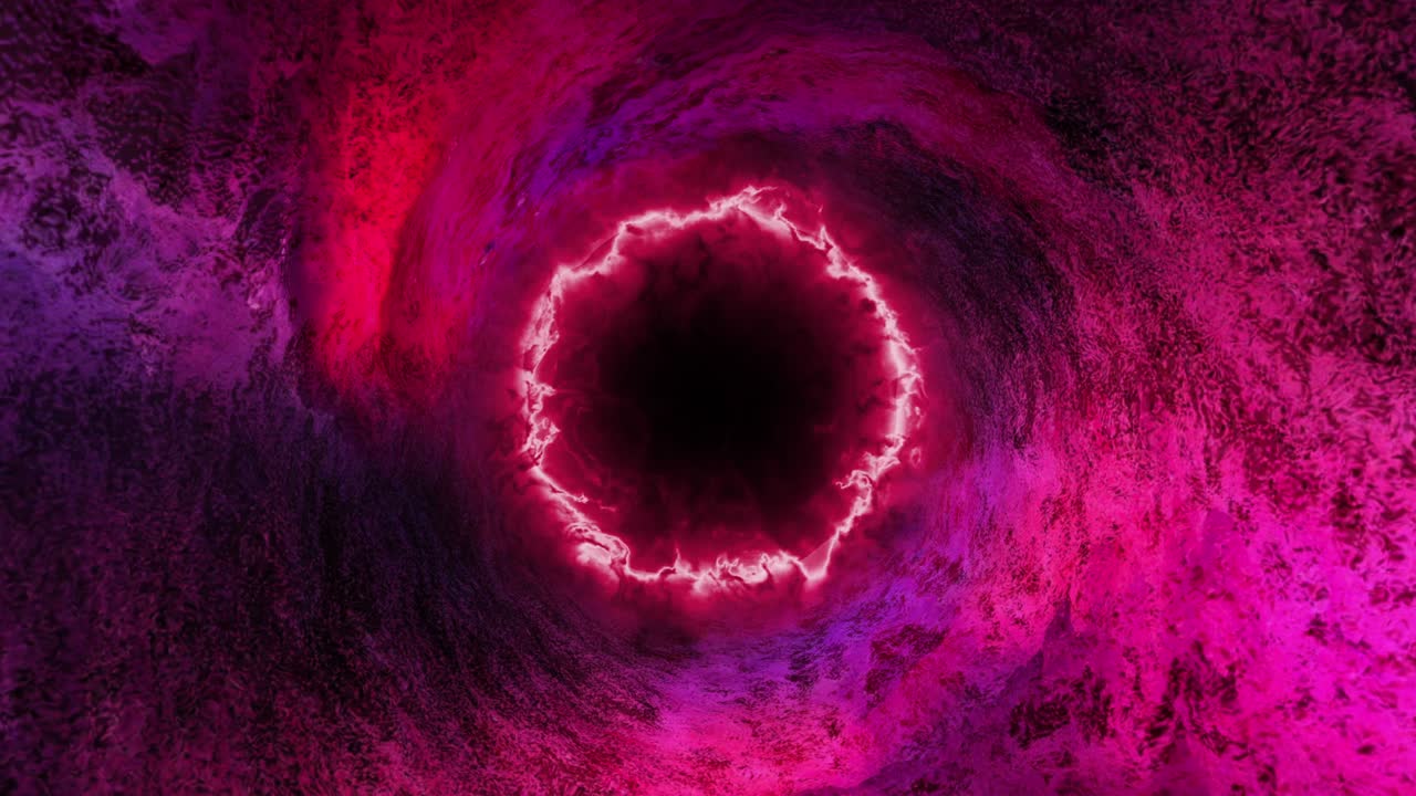 Abstract glow neon purple pink grunge black hole rotation animation on black. 4K 3D Glowing Vivid Pink Burning Energy Fire Flame Vortex Cloud Cinematic. Sci-fi outer space rotating wormhole tunnel.