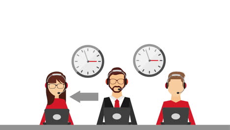 call center illustration with operators and time