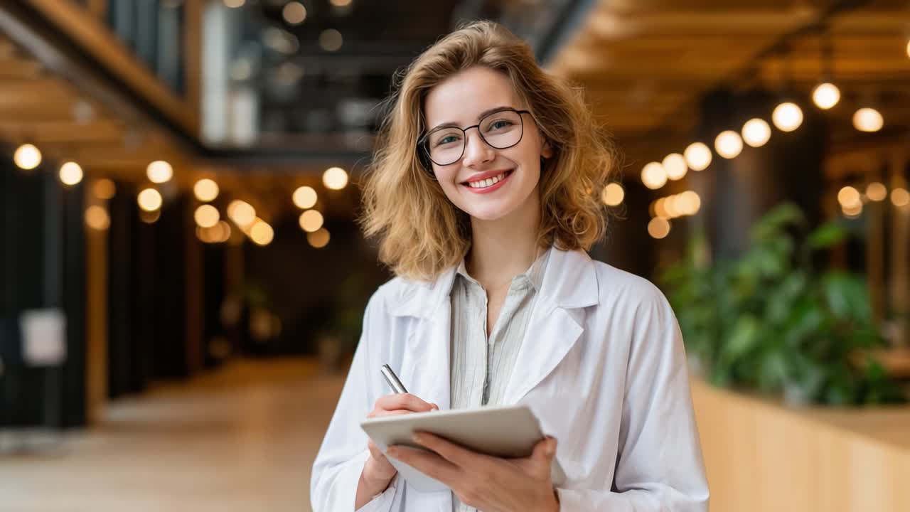Una giovane donna allegra in camice da laboratorio, sorridente mentre tiene in mano un tablet, irradia positività in un ambiente interno moderno, pieno di illuminazione soffusa e vegetazione